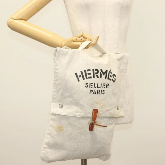 HERMES Buggy Baggage Hand Bag Canvas Beige Silver Auth - Picture 1 of 15